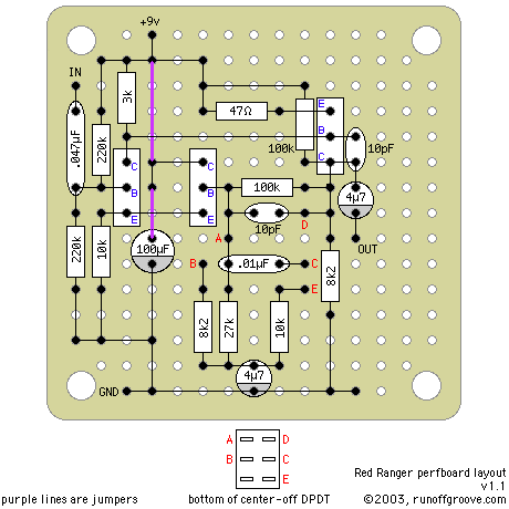 modified Dan Armstrong Red Ranger perfboard layout